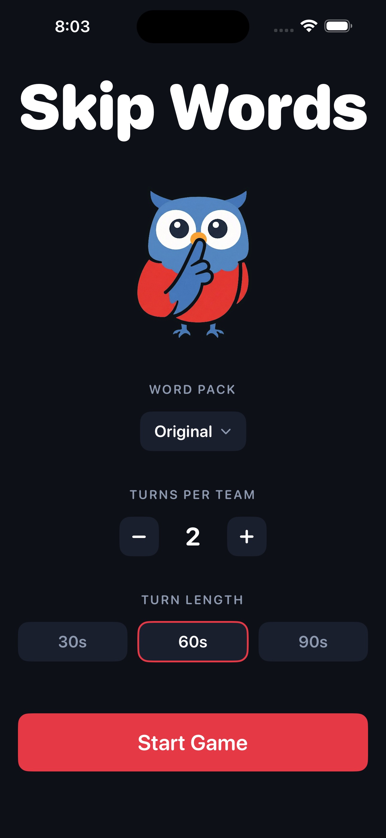 Game start screen with team selection
