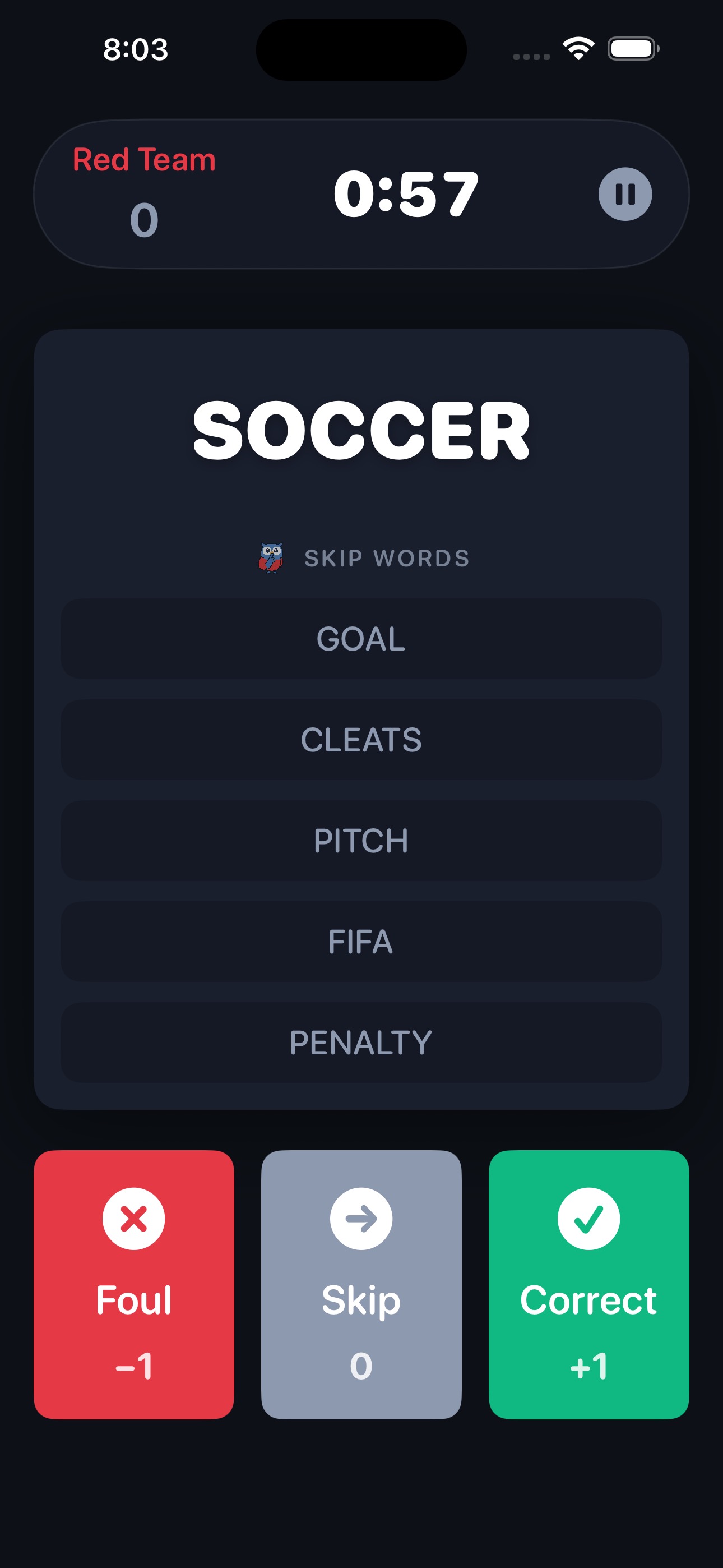Card gameplay view showing word and skip words